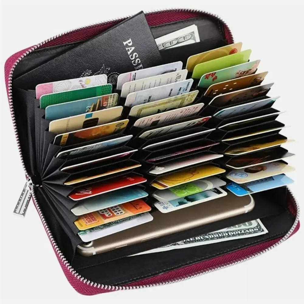 36 Slots Women RFID Blocking Card Holder Leather Zipper Organizer Wallet (Rose)